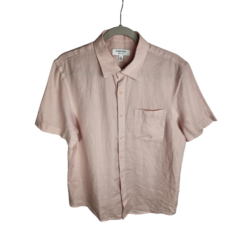 Nordstrom Button Down Shirt Men Medium Pink Sepia 100% Linen Short Sleeve